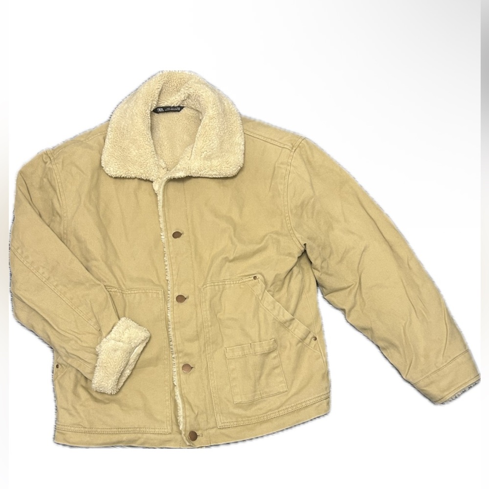 Zara Size M Men’s Sherpa Lined Tan Canvas Jacket